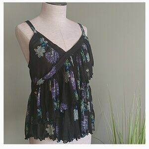 Free People Sleeveless Top Semi Sheer Floral Layered Ruffled Black Blue L NWT